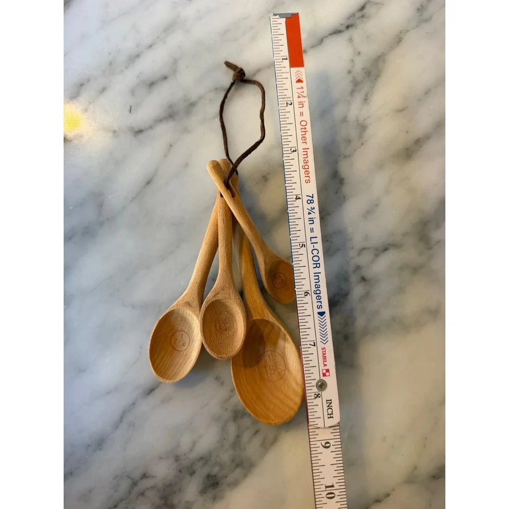 Vintage Handcrafted Wooden Measuring Spoons Set of 4 with Leather Tie Cord